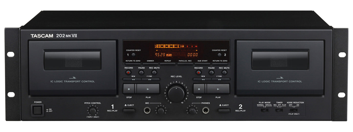Tascam rackmount USB dual cassette deck, component media player and recorder with front controls and display.