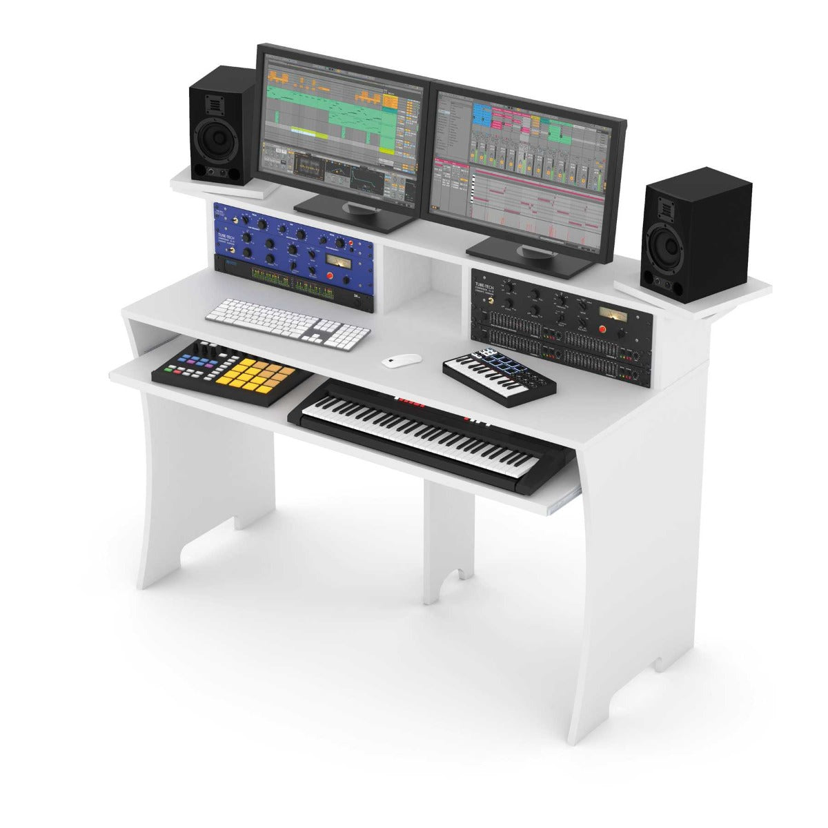 White Glorious Production Station studio station with workspace and equipment setup for music production and recording.