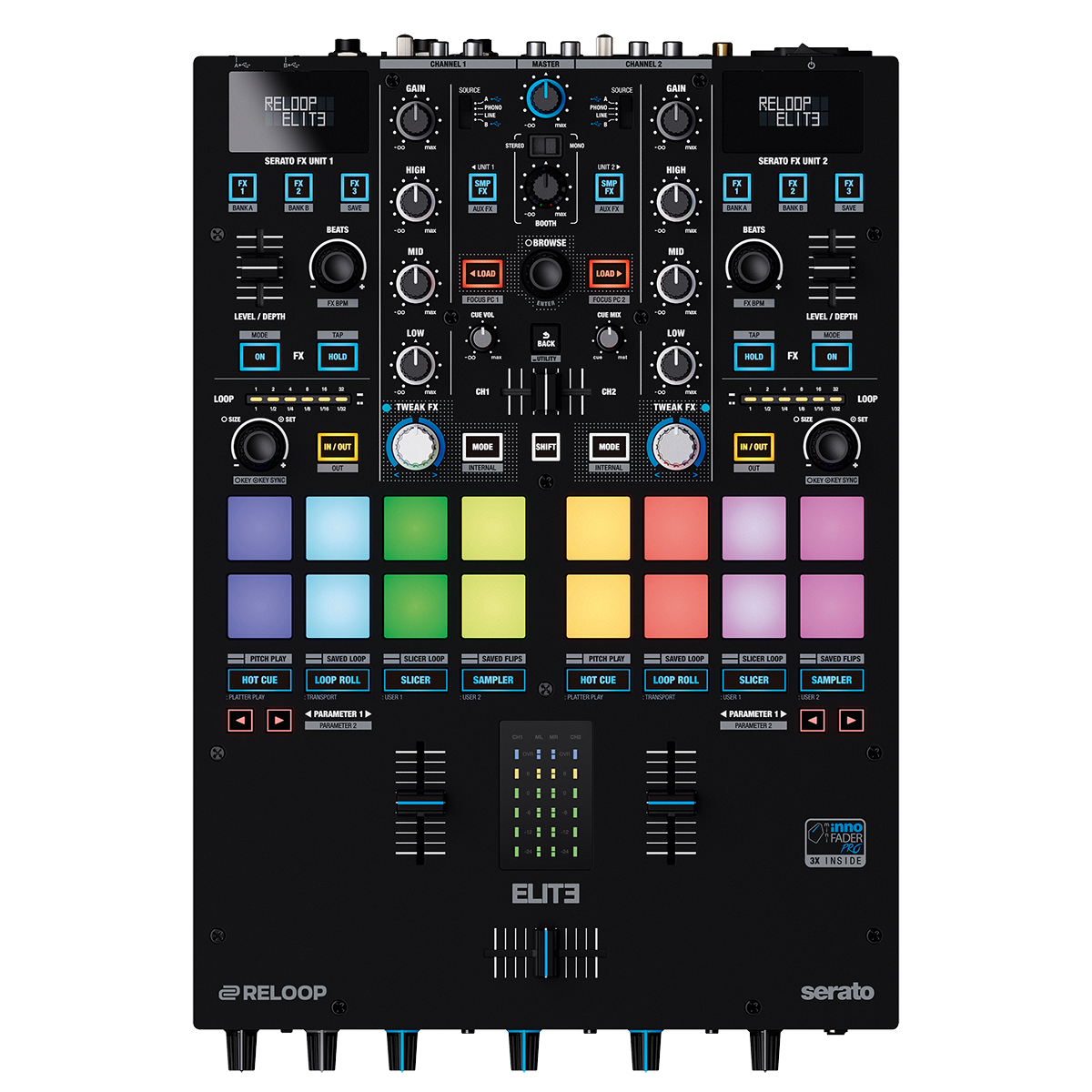 Reloop Elite high-performance DVS mixer for Serato with multiple knobs, faders, and professional controls for DJ mixing.