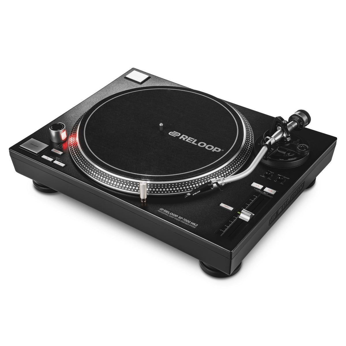 Reloop RP-7000 MK2 turntable with black platter and control buttons, showing the professional DJ equipment brand Reloop.