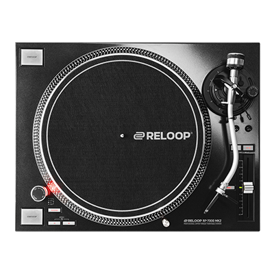 Reloop RP-7000 MK2 turntable with professional build, black finish, and detailed tonearm and platter visible in the image.