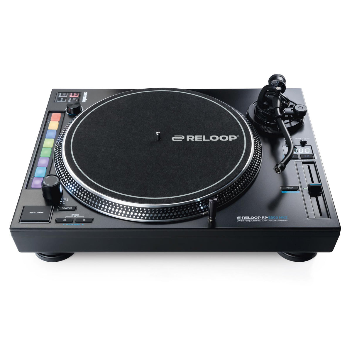 Reloop RP-8000 MK2 turntable with professional controls and sleek black design, used for DJing and mixing music.
