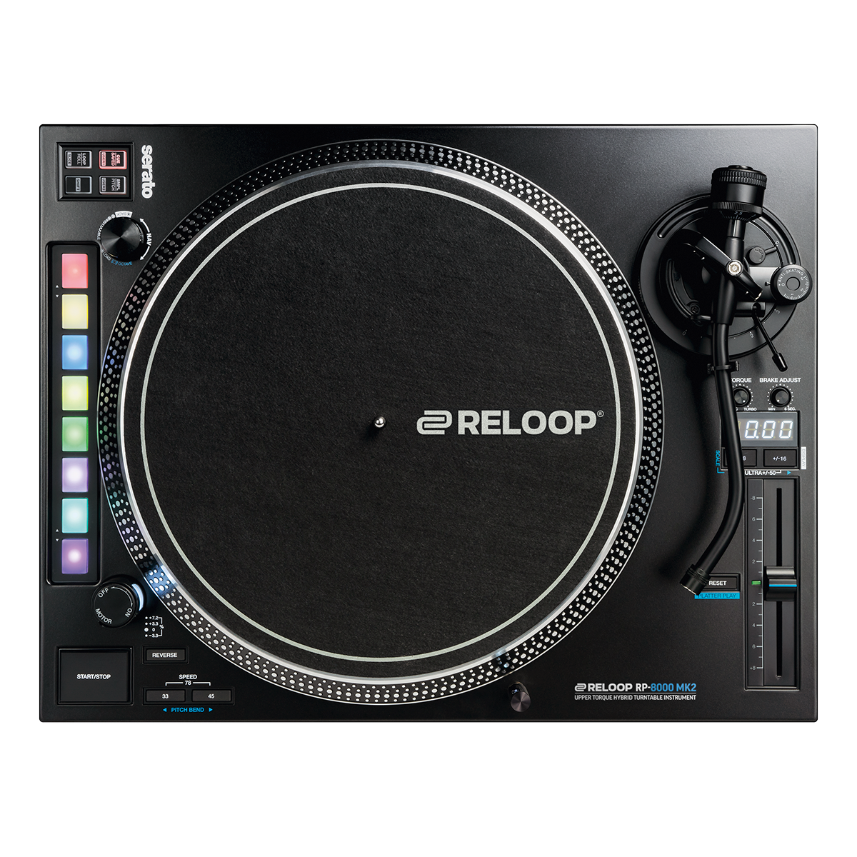 Reloop RP-8000 MK2 turntable with sleek black design and adjustable tonearm, used for DJing and vinyl playback.