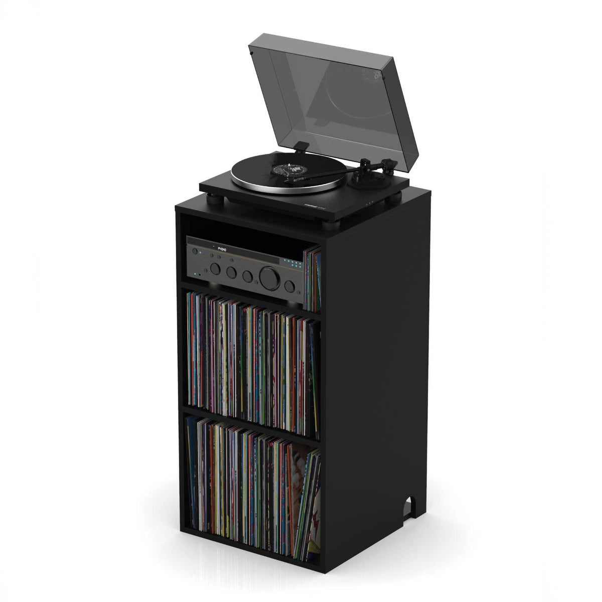 Black Glorious Vinyl HiFi Station displaying vintage audio equipment on sleek modern shelving.