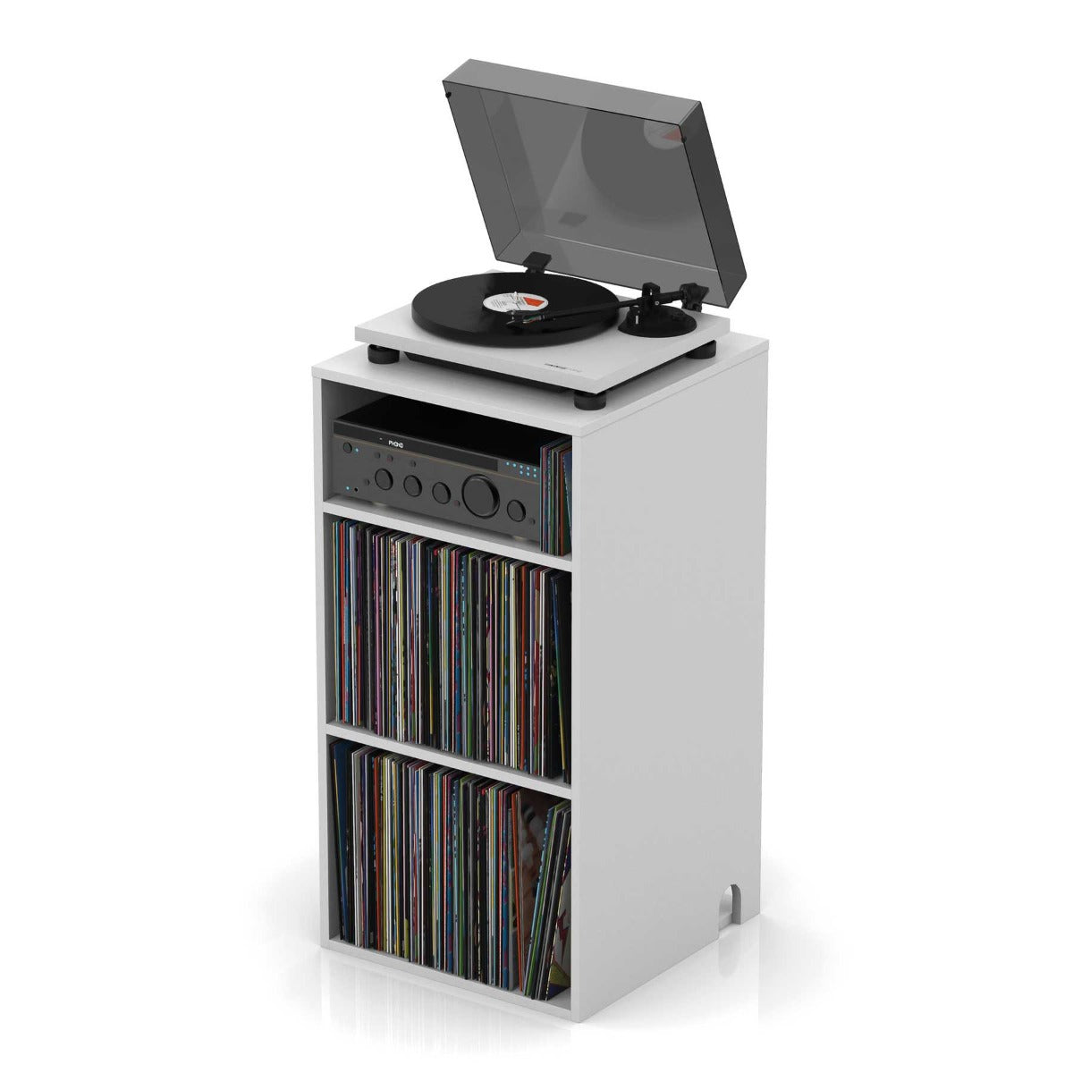 White Glorious Vinyl HiFi Station with sleek design, featuring turntable and storage compartments for audio equipment.