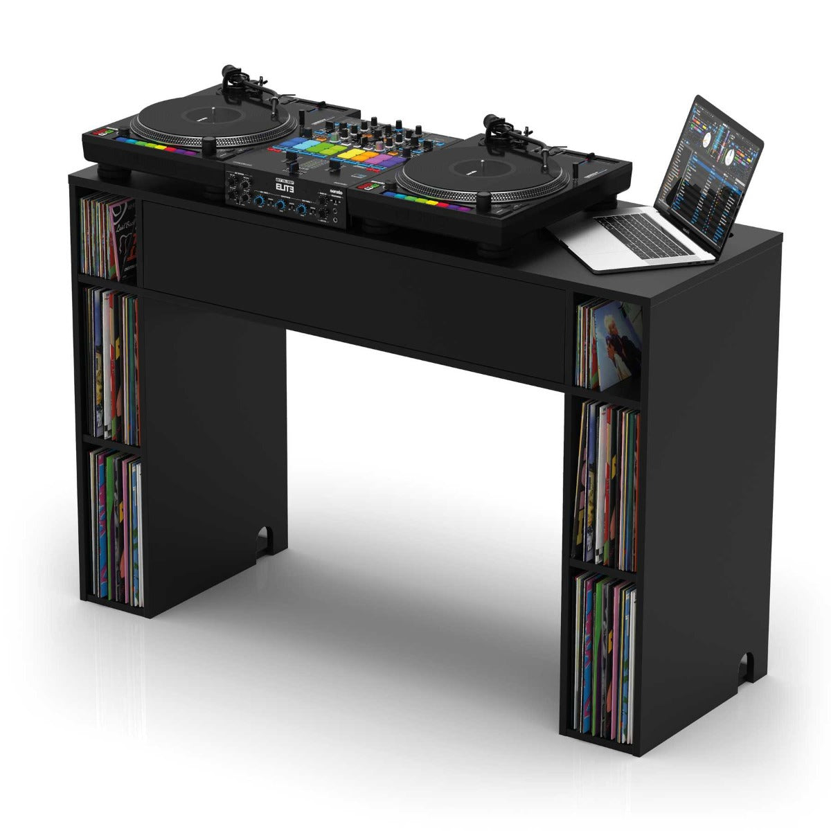 Black Glorious Modular Mix Station DJ station with multiple compartments for audio equipment and accessories.