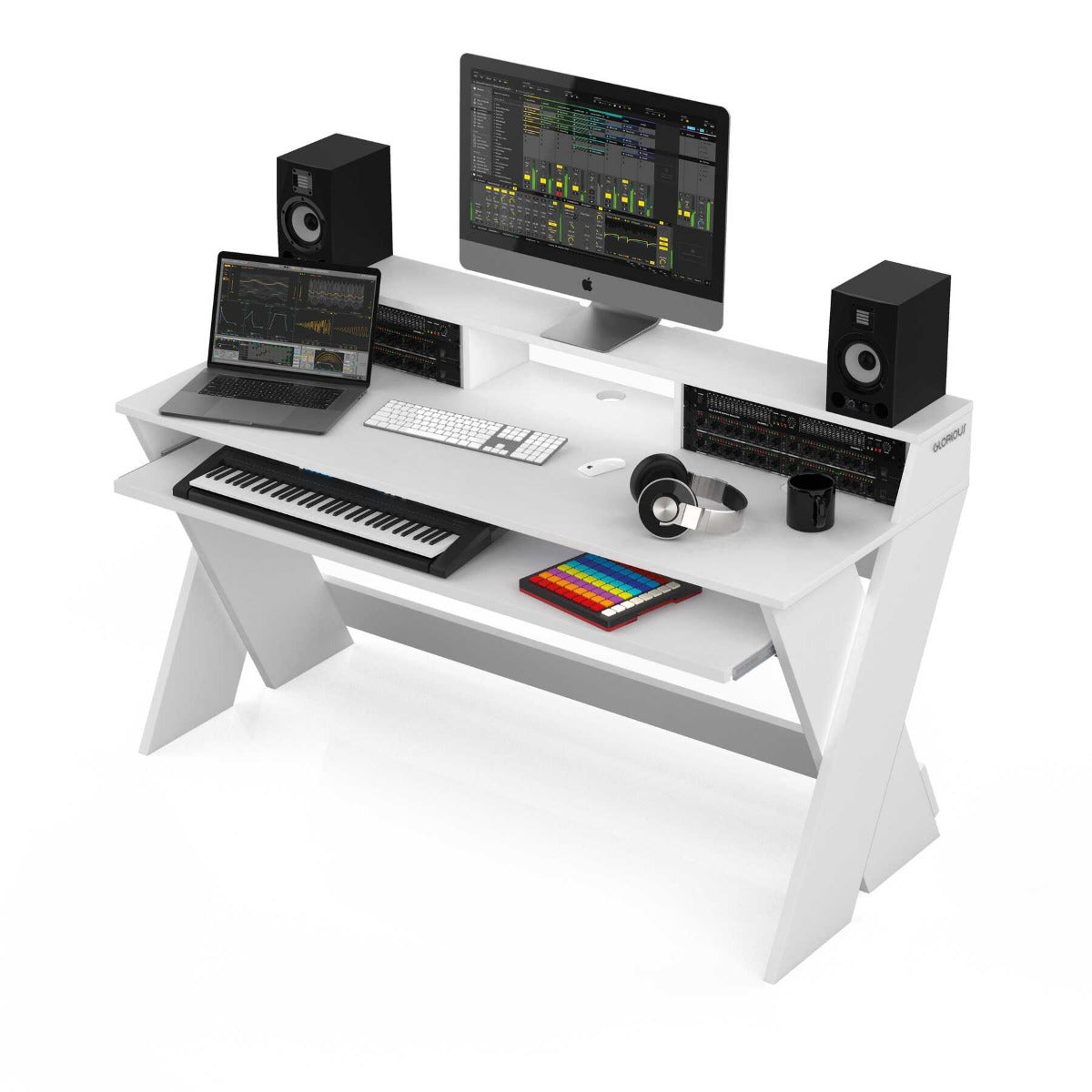 White Glorious Professional Production Station studio station with multiple workspace sections and cable management features.