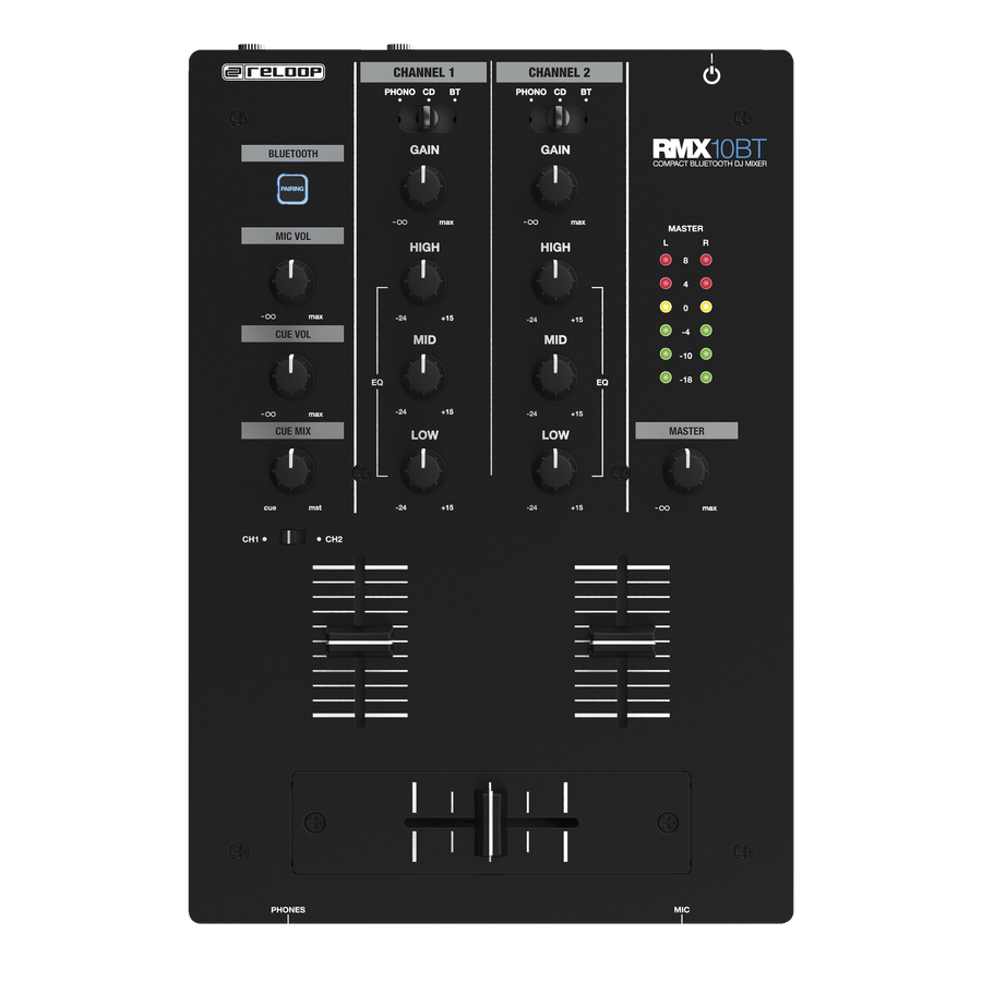 Reloop RMX-10BT Bluetooth DJ mixer with two channels, compact design, and mixer controls for professional DJ setups