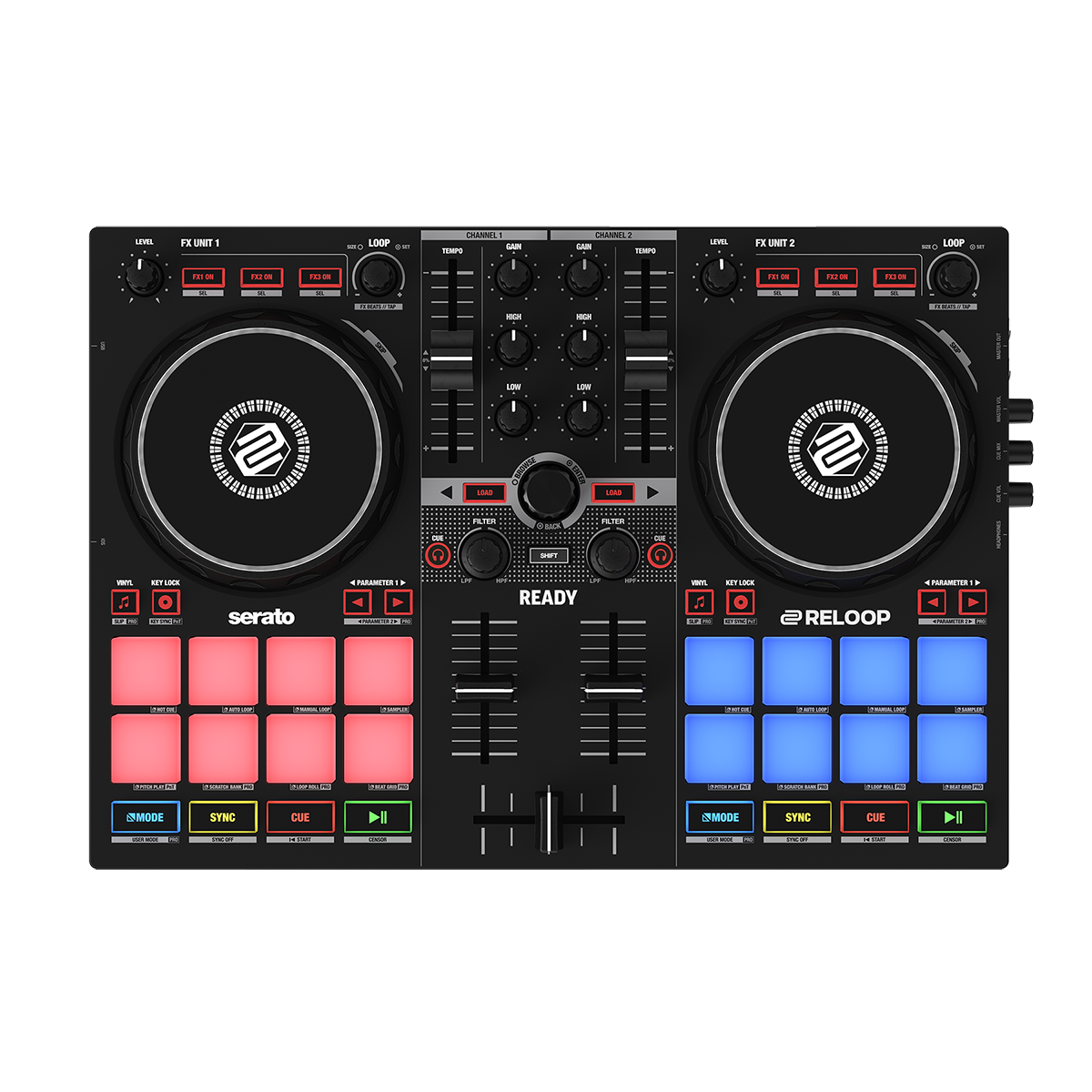 Reloop Ready compact 2-channel DJ controller with jog wheels, mixer, and control knobs for professional DJing.