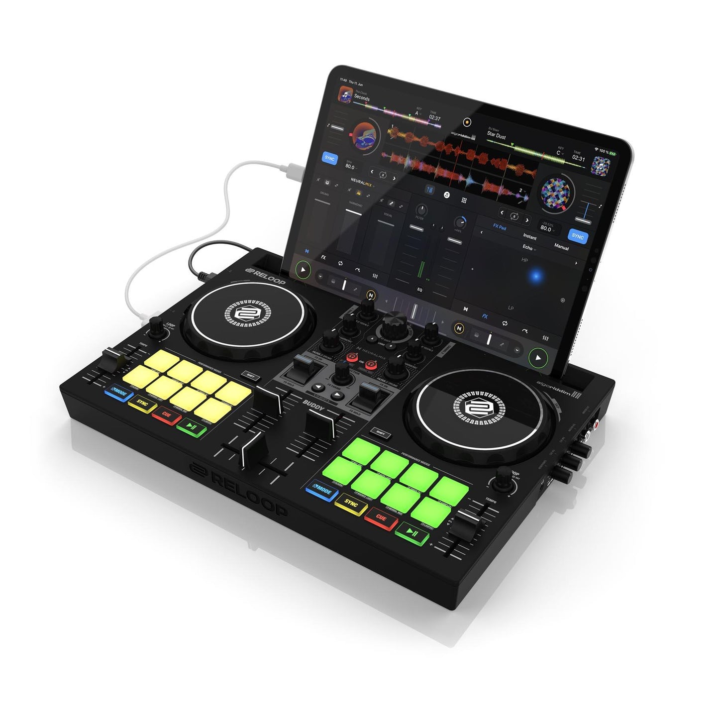 Reloop Buddy 2-channel DJ controller with jog wheels, mixer, and controls for portable DJing and music mixing.