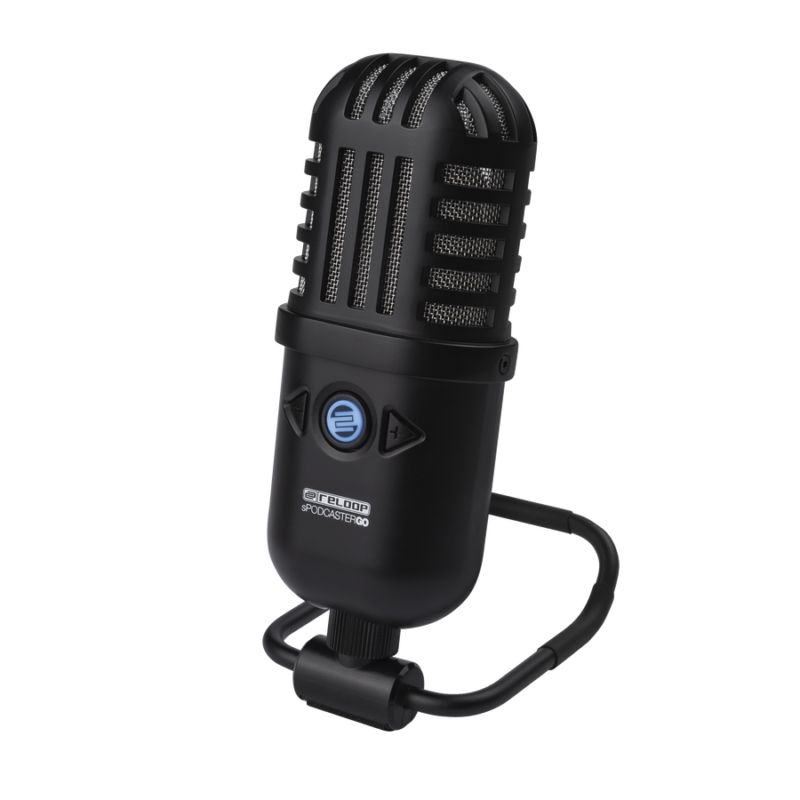 Reloop Retro-style USB condenser microphone for podcast recording, featuring vintage design and professional audio quality.