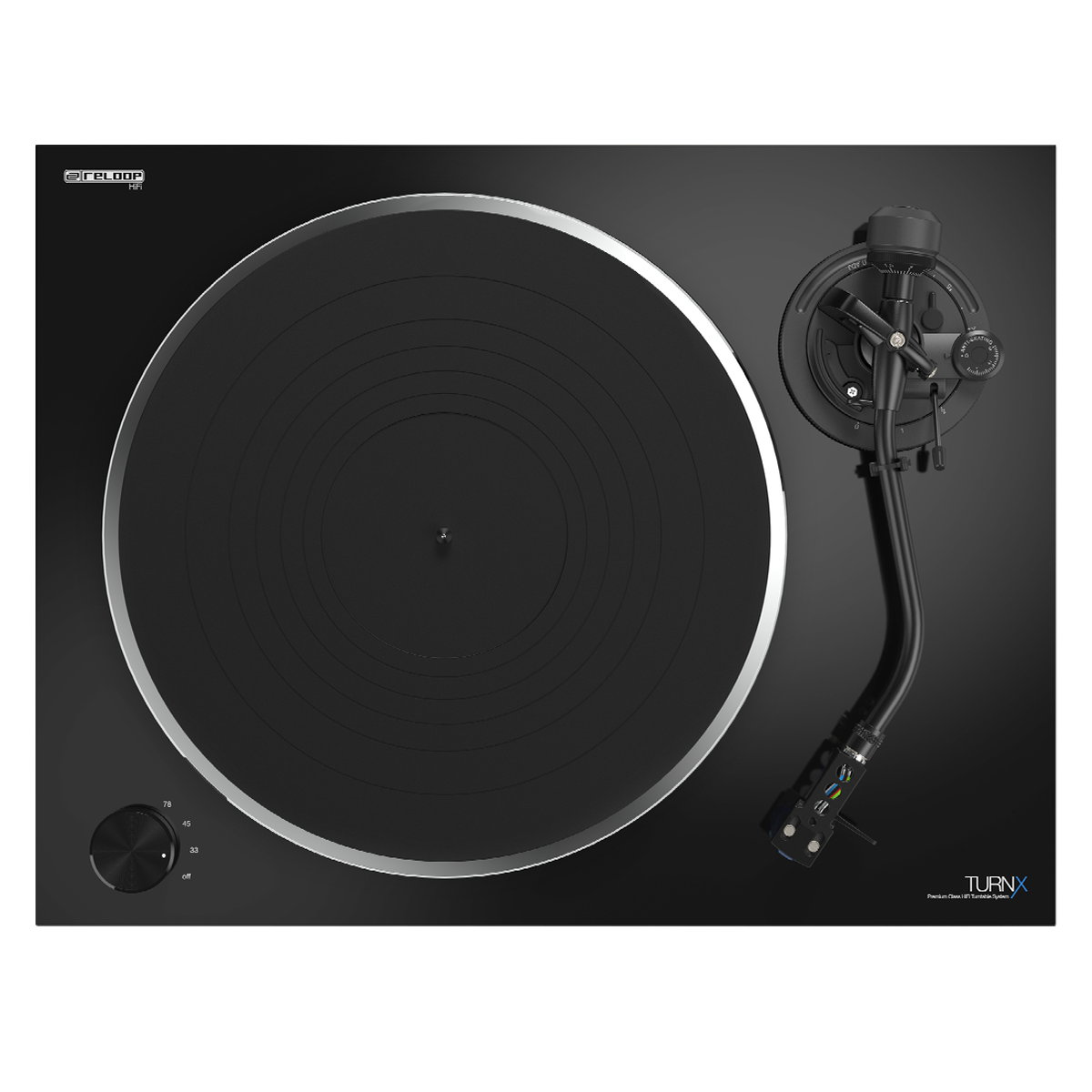 Reloop Turn X Premium Hi-Fi Turntable System with sleek design and high-quality tonearm for audiophile listening.