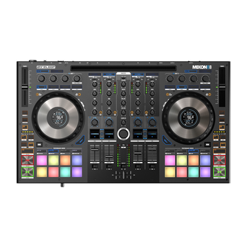 Reloop MIXON-8-PRO 4-channel DJ controller with dual aluminum jog wheels and audio interface for professional DJ mixing.