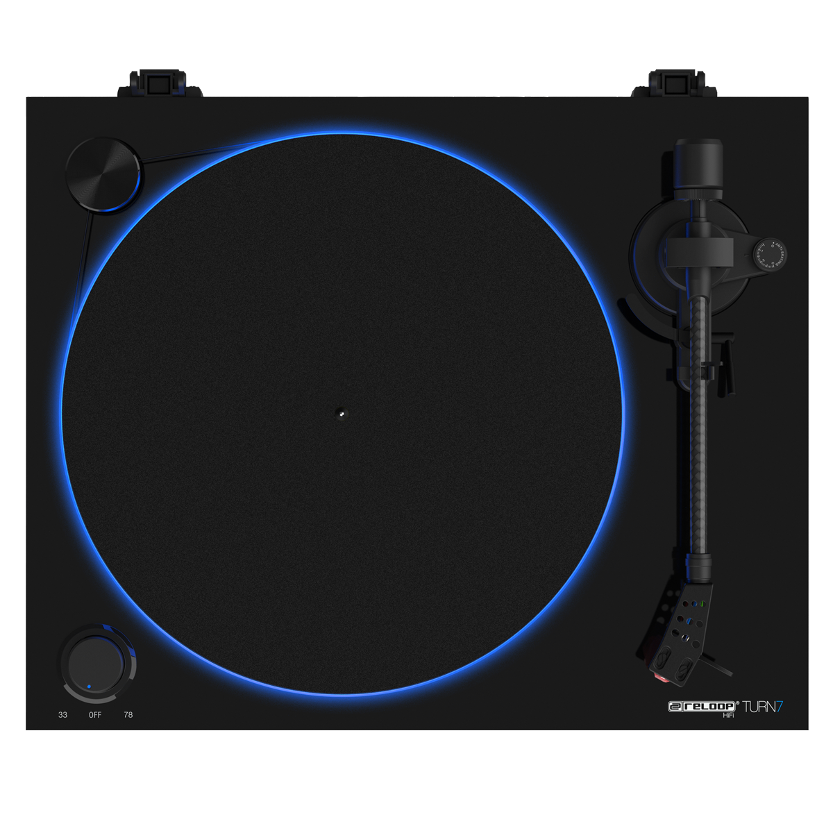 Reloop TURN-7 premium belt-drive Hi-Fi turntable with Ortofon 2M Red cartridge, showcasing the sleek design and tonearm.