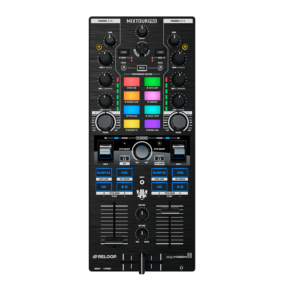 Reloop All-in-One 4-Deck DJ Controller with audio interface, featuring jog wheels, mixer controls, and input/output ports.