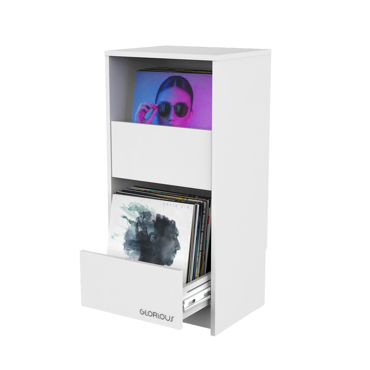 White Glorious Vinyl Vault with drawers for storage, holding up to 160 records, perfect for organized vinyl record collection.