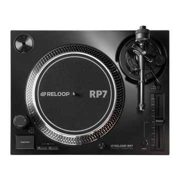 Black Reloop RP-7 professional 7-inch direct-drive turntable with control knobs and tonearm for DJing and mixing.