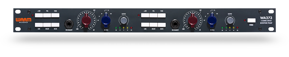Warm Audio British-style 2-channel mic/line/instrument preamp showing control knobs and input connections on a professional audio device.