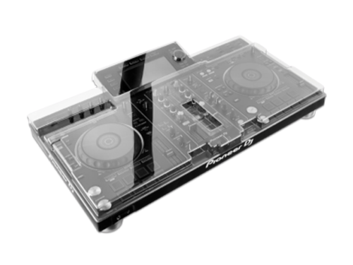 Decksaver smoked and clear cover for Pioneer XDJ-RX2 DJ controller, protective plastic cover by Decksaver on a DJ setup.