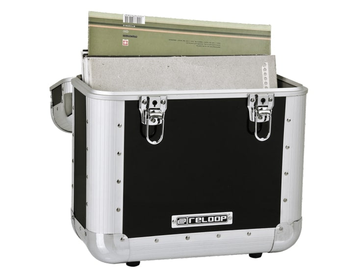 Black Reloop 60 Record Case for storing and transporting vinyl records, featuring a sturdy protective exterior and secure handle.