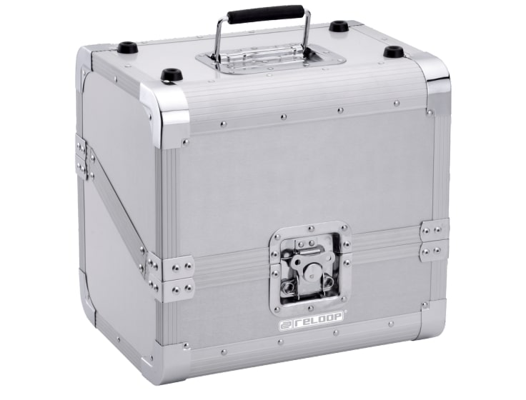 Silver Reloop 80 Record Case for storing and protecting vinyl records, featuring a sturdy design and secure latch.