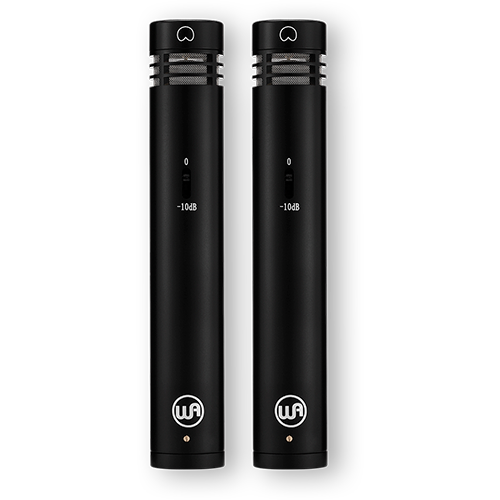 Stereo pair of black Warm Audio WA-84 small-diaphragm cardioid condenser microphones, showing their compact design and microphone capsules.
