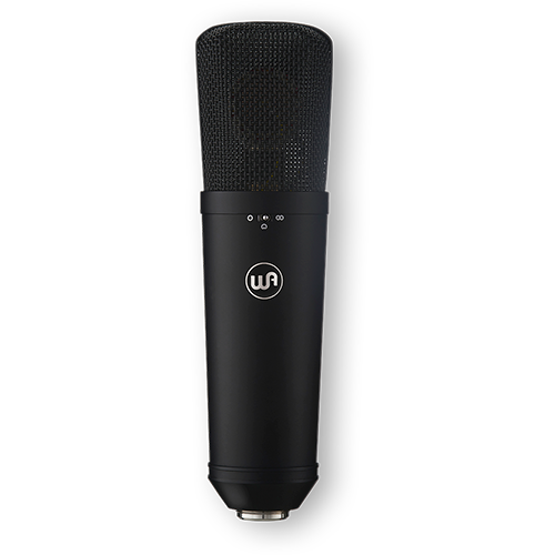 Warm Audio black multi-pattern condenser microphone shown from front, featuring controls and grille, ideal for studio recording.