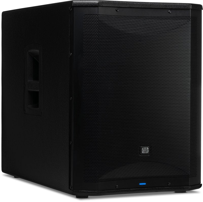 PreSonus AIR XD Sub 15 active extended definition subwoofer with black enclosure and front grille, designed for high-quality sound.