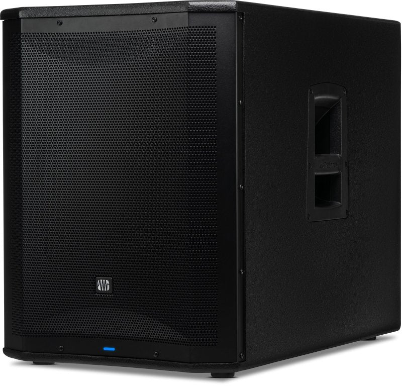 PreSonus AIR XD Sub 15 active extended definition subwoofer with black speaker grille and control panel on top.