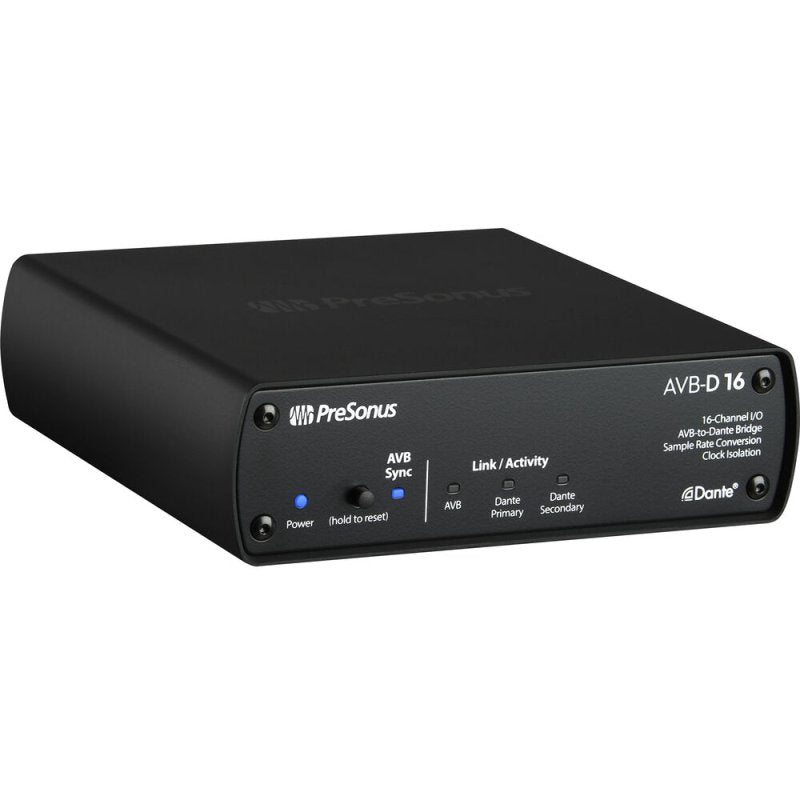 PreSonus Network Bridge 16x16 AVB-to-Dante stagebox with Ethernet ports and LED indicators for professional audio networking.