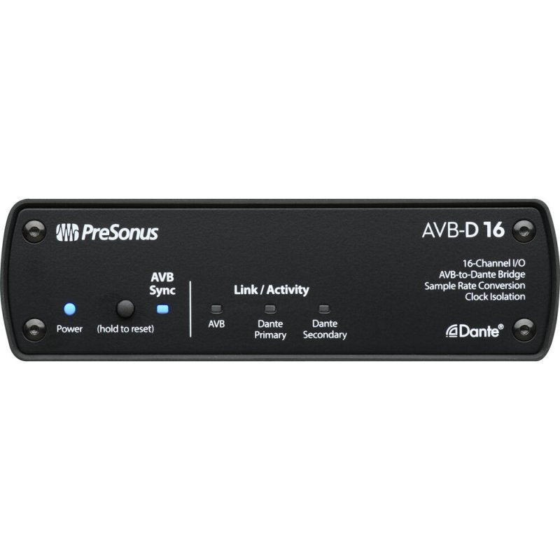 PreSonus Network Bridge 16x16 AVB-to-Dante stagebox with Ethernet ports and control interface for professional audio networking.