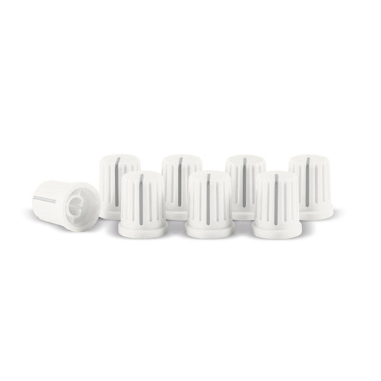 Set of 8 white Reloop knob caps for cartridges and styli, designed to fit and protect audio equipment controls.