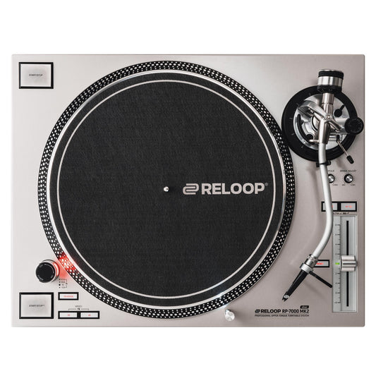 Reloop RP-7000-SILVER-MK2 professional silver turntable with upper torque direct drive, featuring a sleek silver finish.