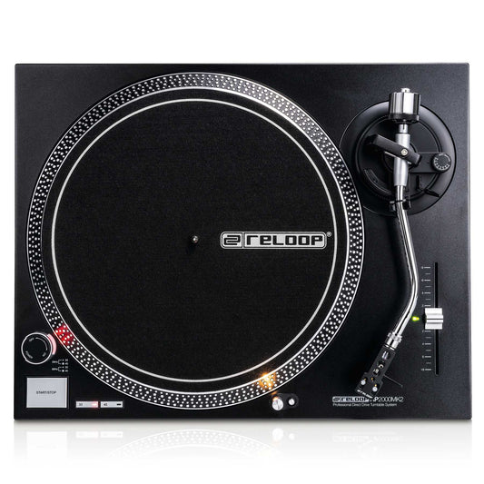 Reloop RP-2000MK2 quartz-driven DJ turntable with direct drive, featuring a sleek design and professional DJ equipment features.