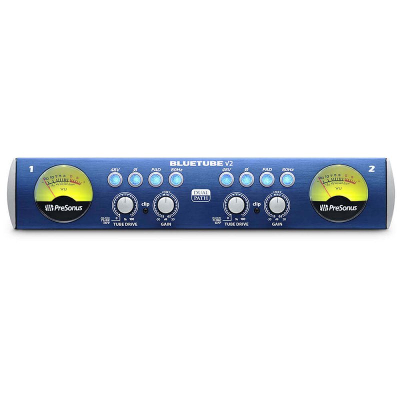PreSonus Blue Tube DP V2 dual channel microphone and instrument tube preamp with control knobs and input jacks.