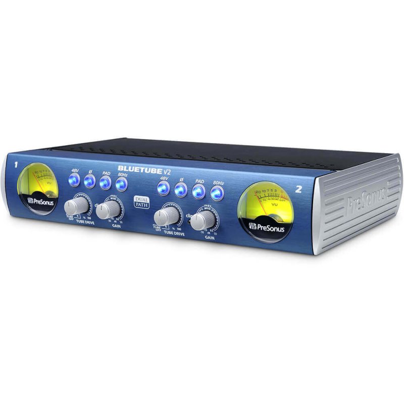 PreSonus Blue Tube DP V2 dual channel microphone and instrument tube preamp with knobs and input jacks.