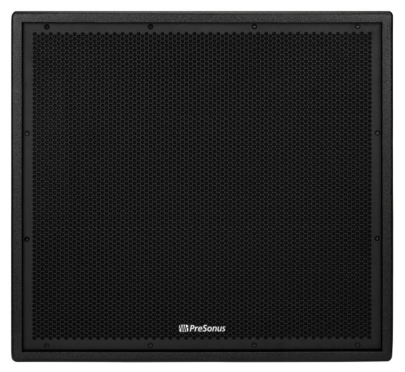 PreSonus 2000W 18-inch active subwoofer with onboard DSP and pole mount for powerful bass sound in loudspeaker setup.