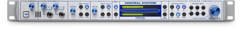 PreSonus Central Station PLUS monitoring solution with desktop remote, featuring multiple audio outputs and control interface.