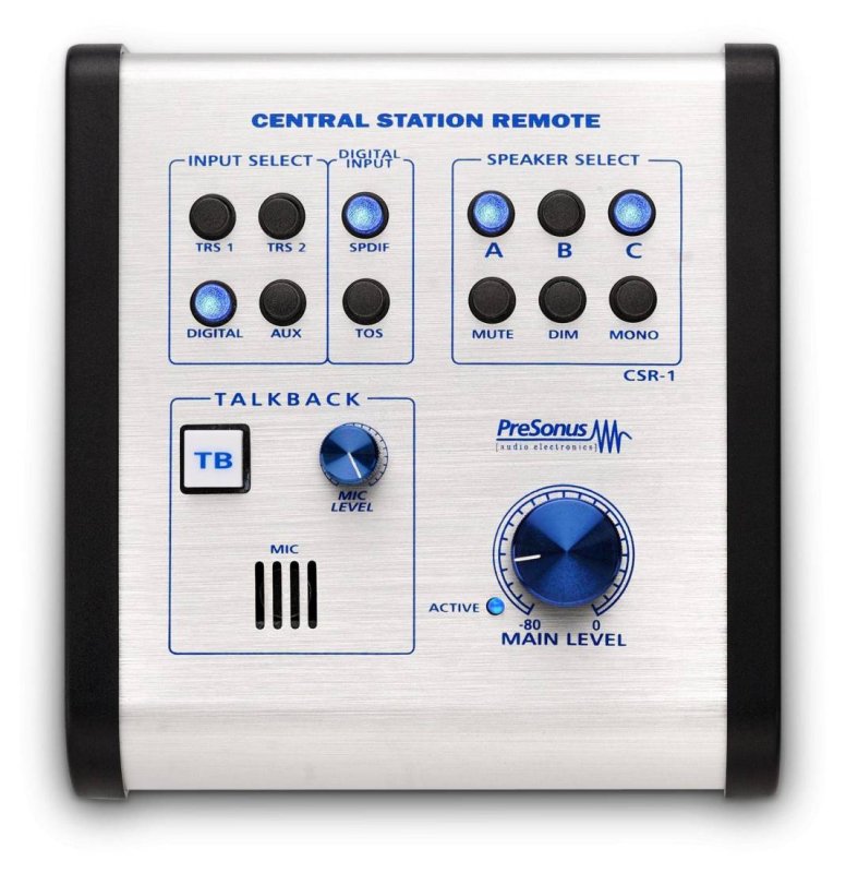 PreSonus Central Station PLUS monitoring solution with desktop remote, showing audio interface and control panel in a professional setup.