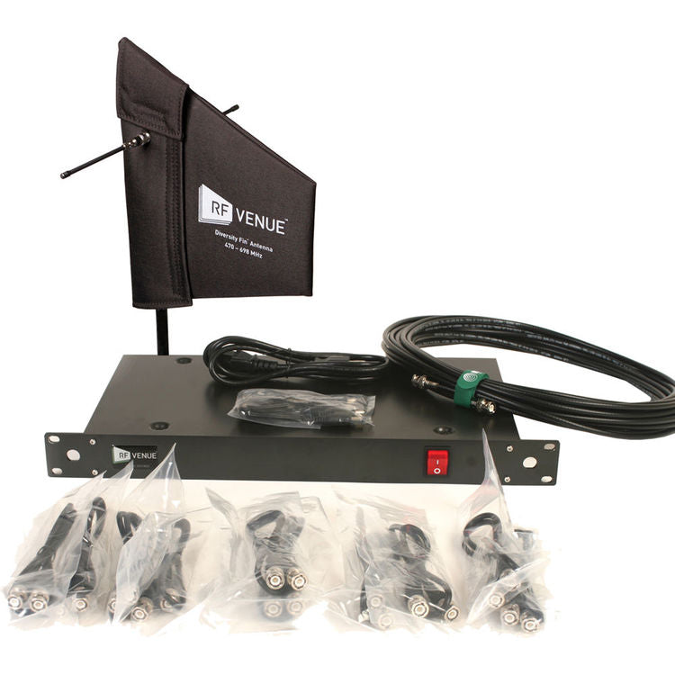 RF Venue DFINDISTRO4 4-Channel Antenna Distributor with Cloth-Covered Diversity Fin Antenna and Cables Bundle 