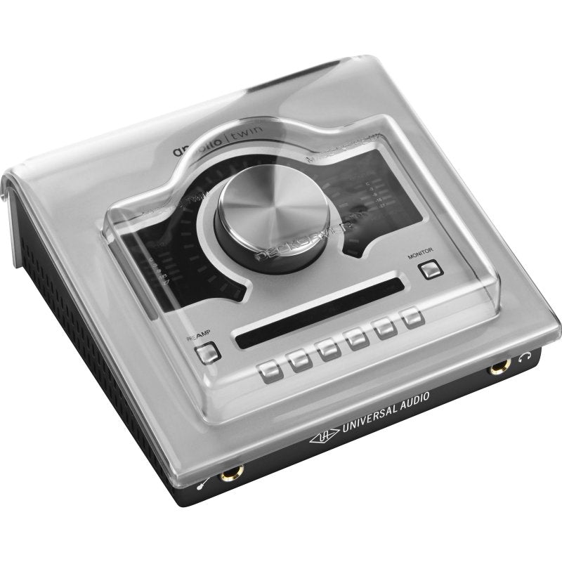 Decksaver Apollo Twin cover for producer controller, smoked and clear plastic, protects audio interface and controls.