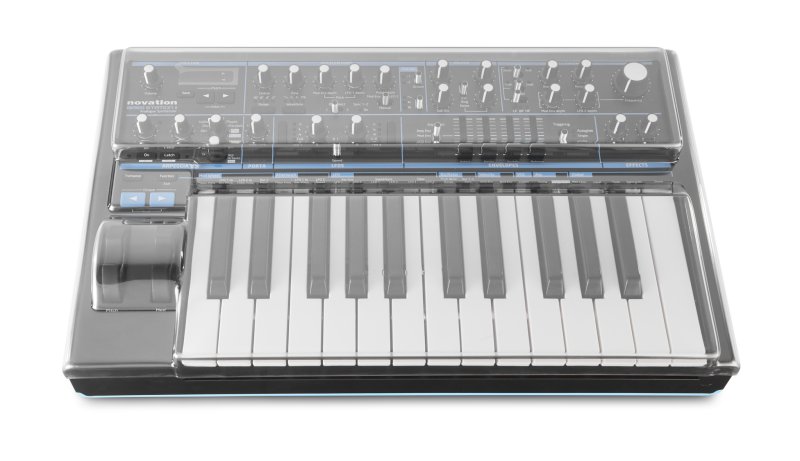 Decksaver Novation Bass Station 2 synthetic cover protecting the synthesizer from dust and damage.