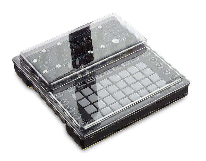 Decksaver polycarbonate cover protecting the Novation Circuit Mono Station synthesizer for groovebox safety and dust resistance.