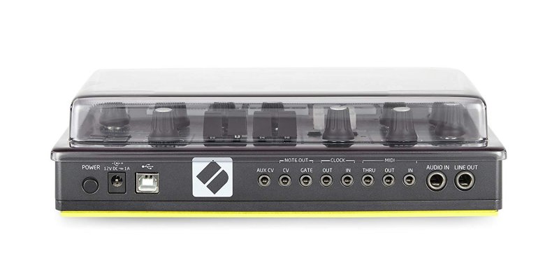 Decksaver polycarbonate cover on Novation Circuit Mono Station groovebox, providing protection for the analog synthesizer.