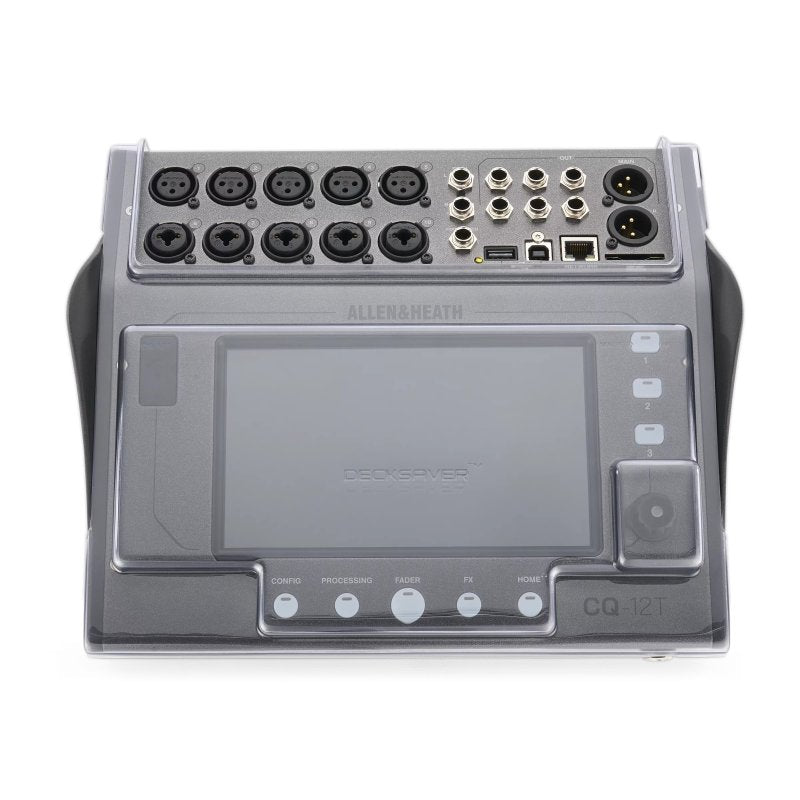 Decksaver cover for Allen & Heath CQ-12T pro audio mixer, transparent protective cover showing its shape and fit.