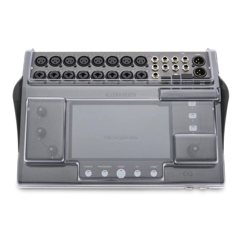 Decksaver cover for A-H CQ-18T pro audio mixer, clear plastic protective cover with precise fit and branding details.
