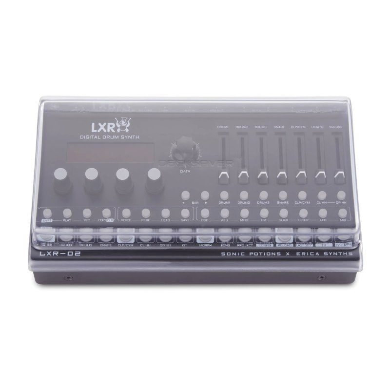 Decksaver cover for Erica Synths LXR-02 and Bassline DB-01 synthesizers, transparent protective synth cover.