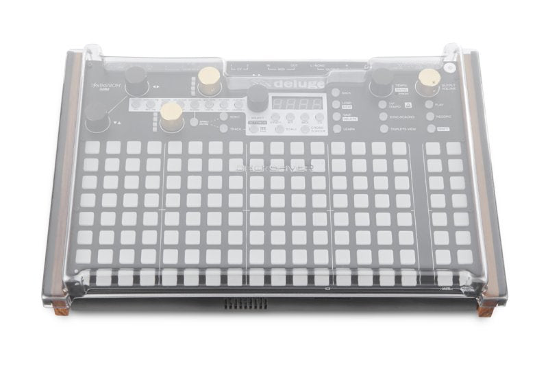 Decksaver Synthstrom Audible Deluge synthesizer cover in clear plastic, designed to protect the device from dust and damage.