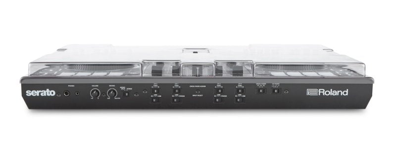 Decksaver Roland DJ-808 cover showing a clear protective plastic cover fitted over the DJ controller for safe storage.