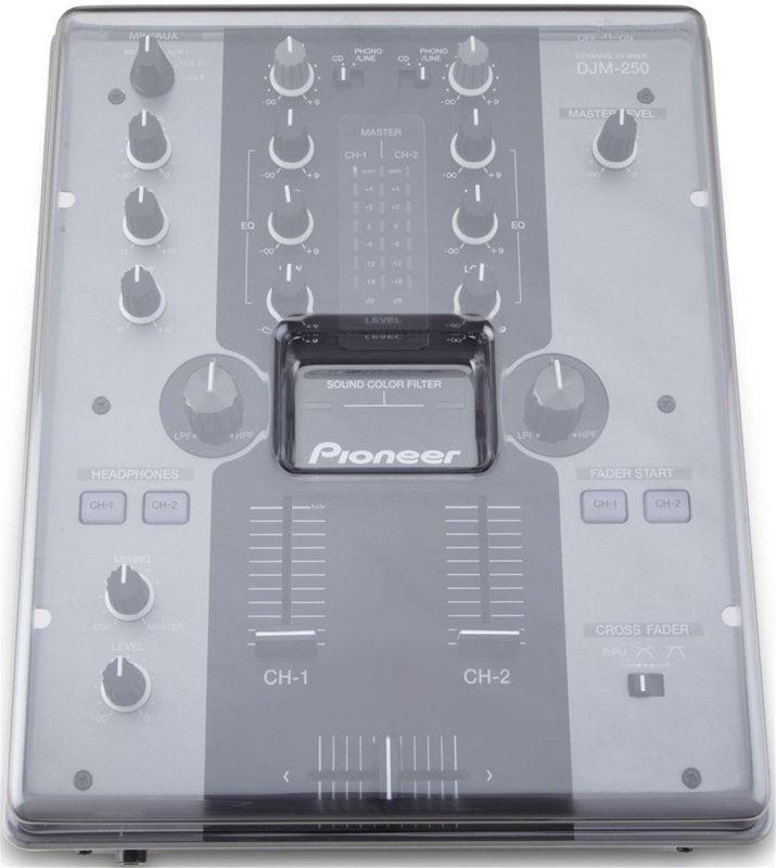 Decksaver Pioneer DJM-250 DJ mixer cover in black, made of durable plastic for protection and dust prevention.